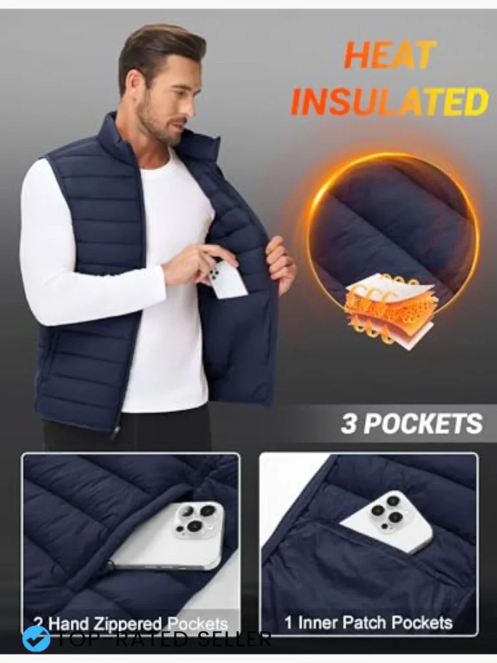 Men's Packable Insulated Vest Zip Pockets Water-Resistant Windproof Lightweight